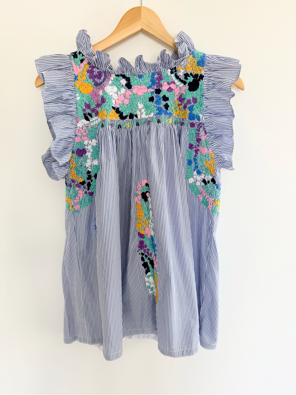Mi Golondrina Soledad Blue Stripe Embroidered Ruffle Blouse Size Small NWOT